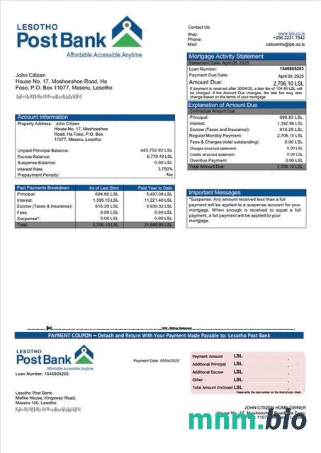 Lesotho Bank Pocztowy wyciąg z kredytu hipotecznego szablon Word i PDF